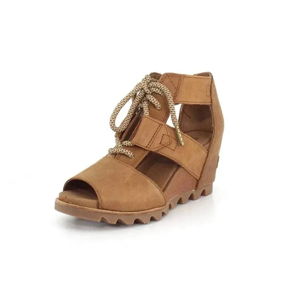 Sorel Joanie Lace Tan Leather Canvas Wedge Sandals NL2441-286 Womens 10